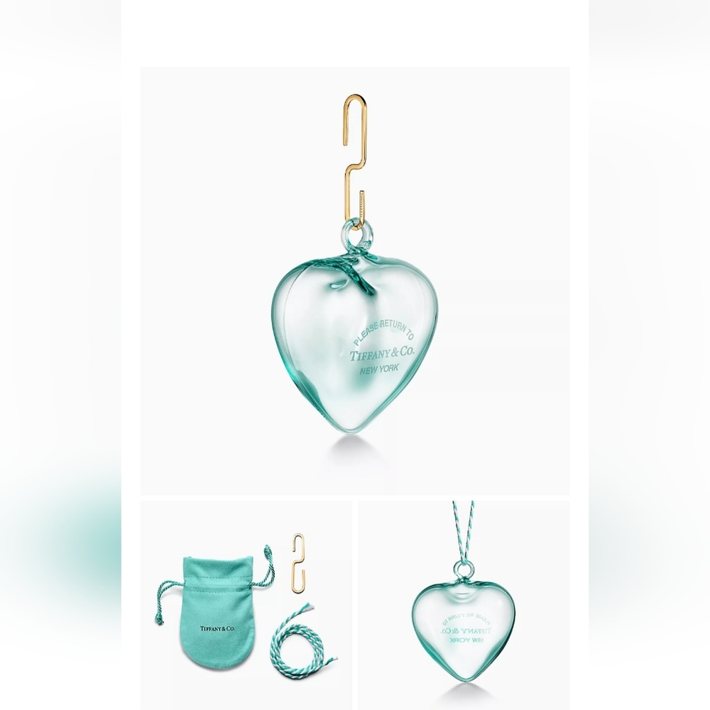 Tiffany & Co. Etched Heart Ornament in Blue Crystal Glass